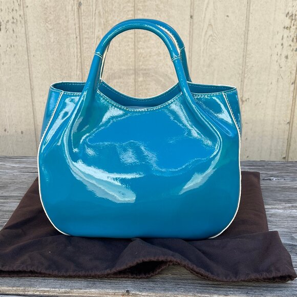 Unused Kate Spade Teal Patent Leather Satchel Bag Structured White Stitching - Picture 2 of 12